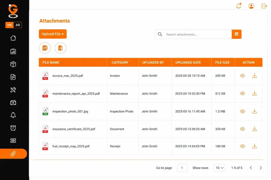 Fleet management software with document attachments for invoices, inspection reports, maintenance records, and vehicle files.