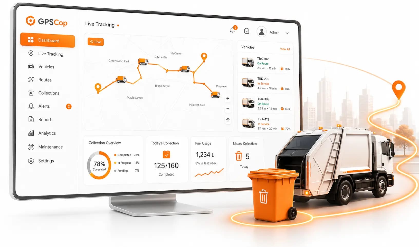 GPSCop fleet dashboard showing live tracking, trips and fuel analytics
