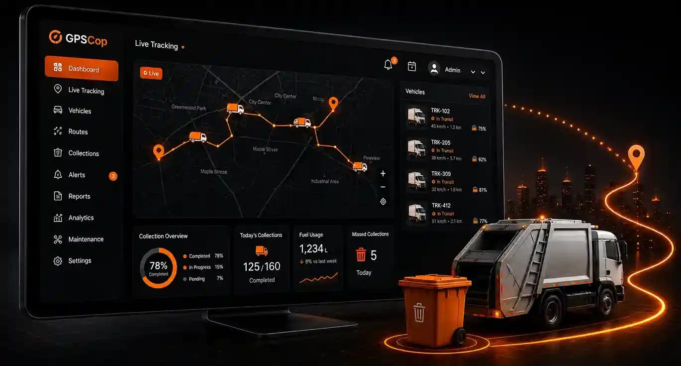 GPSCop fleet dashboard showing live tracking, trips and fuel analytics