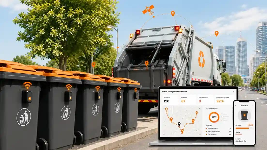 Waste collection worker checking collection status on a tablet