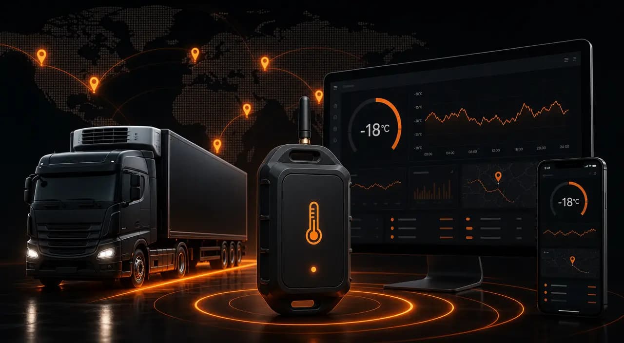 GPSCop temperature monitoring platform with truck, sensor, dashboard, and mobile app