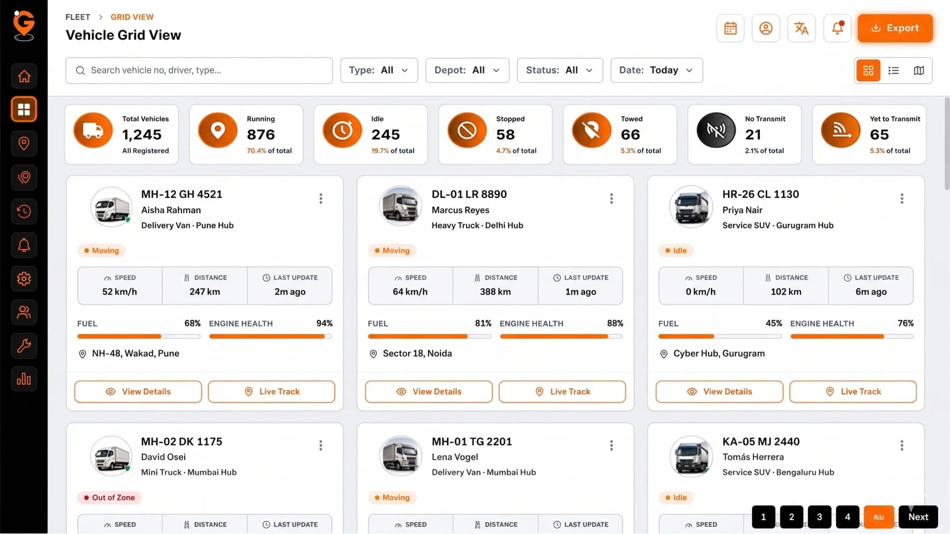 Fleet tracking system with grid view displaying live GPS tracking, vehicle status, and fleet overview.