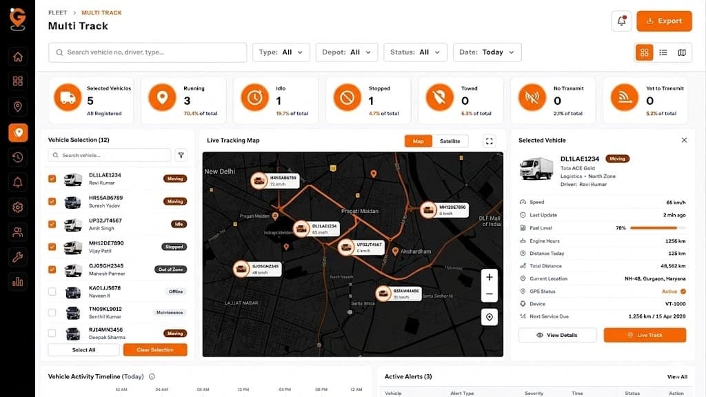 GPS fleet vehicle tracking system monitoring multiple vehicles simultaneously with real-time location updates.