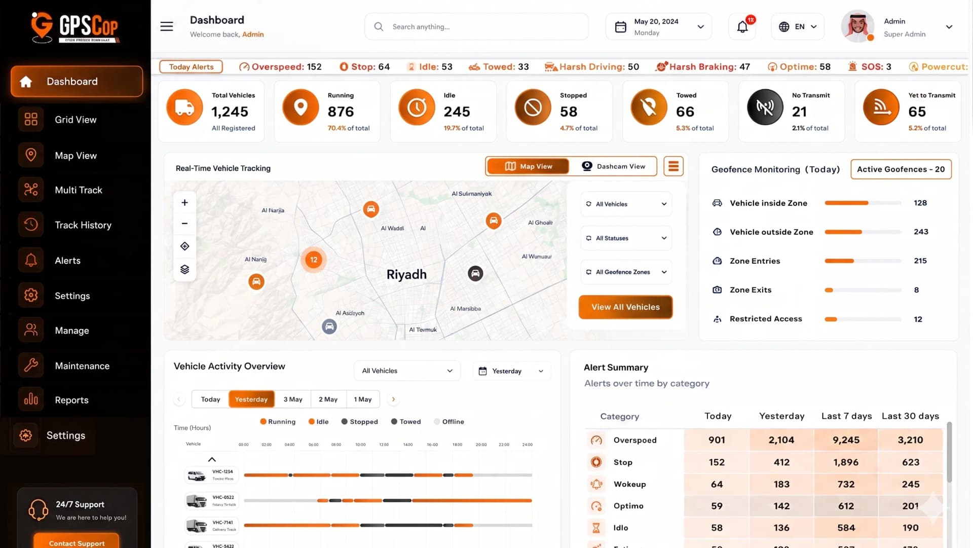 Vehicle tracking system dashboard with real-time GPS tracking, fleet monitoring, vehicle status, and live location tracking.