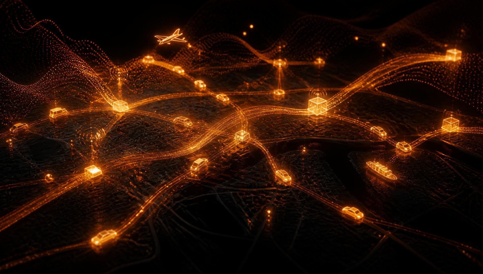 Glowing orange network of connected vehicles and assets over a dark map