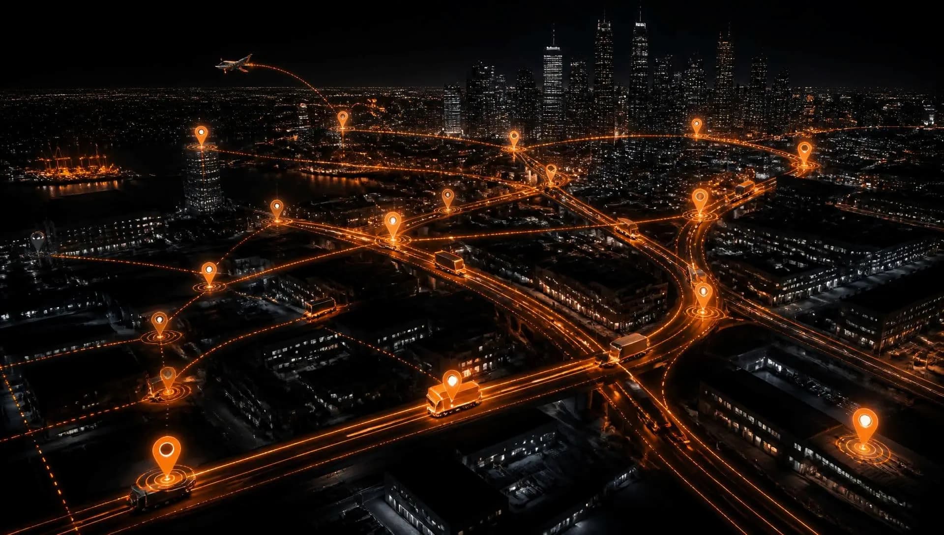 Night city illuminated with glowing orange GPS routes and location pins