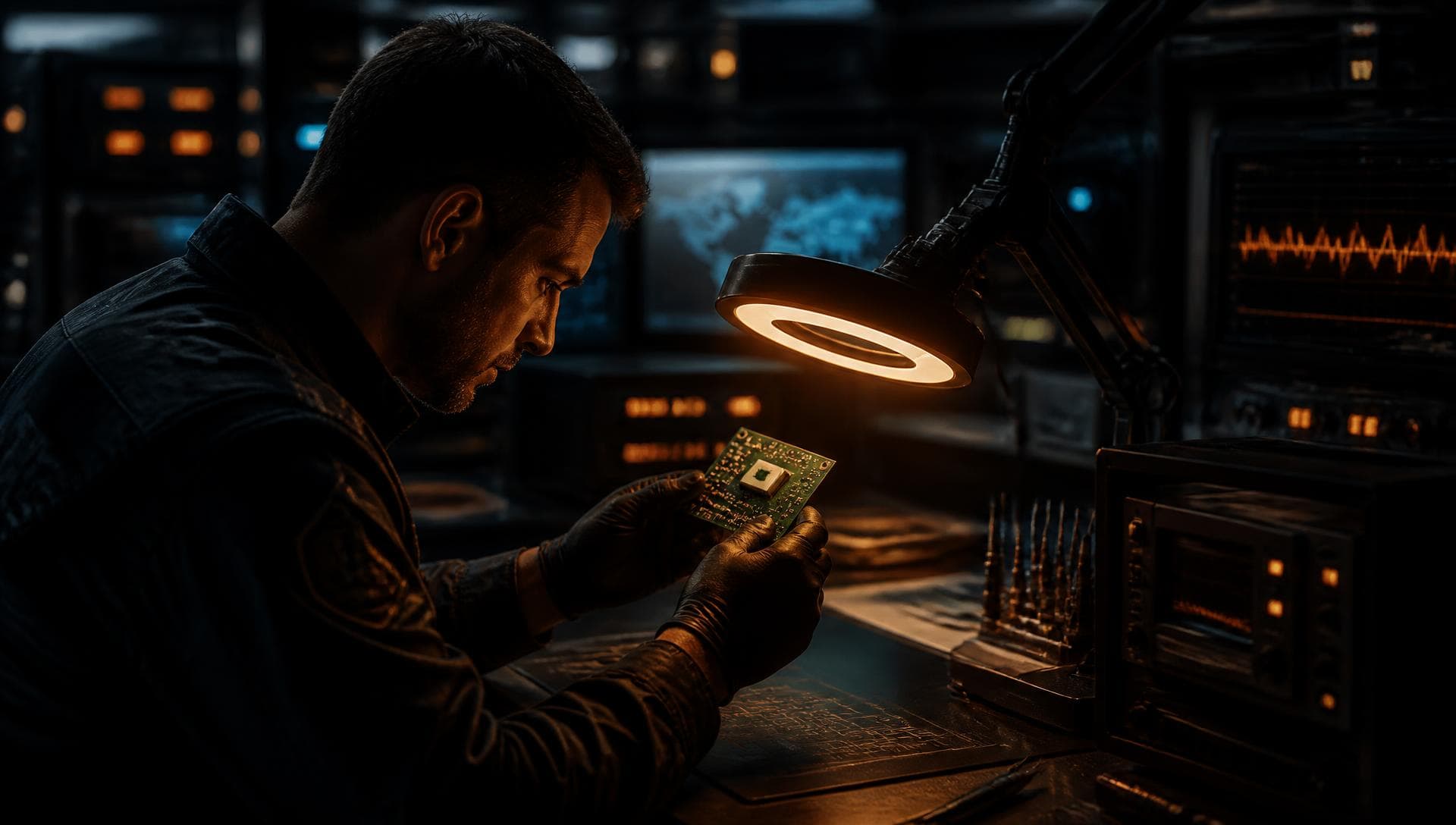 GPSCop engineer inspecting a GPS circuit board in the innovation lab