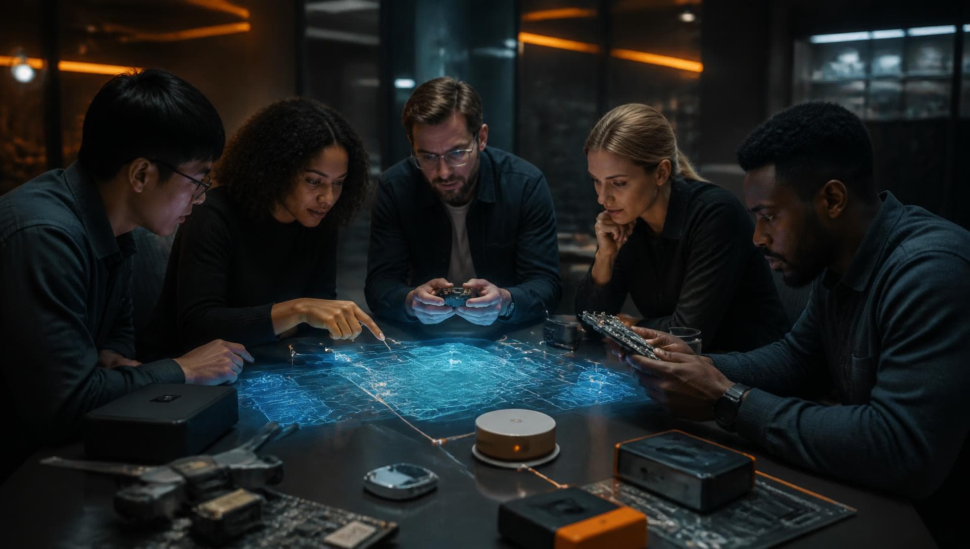 GPSCop engineers, designers, and analysts collaborating over GPS hardware and a holographic map