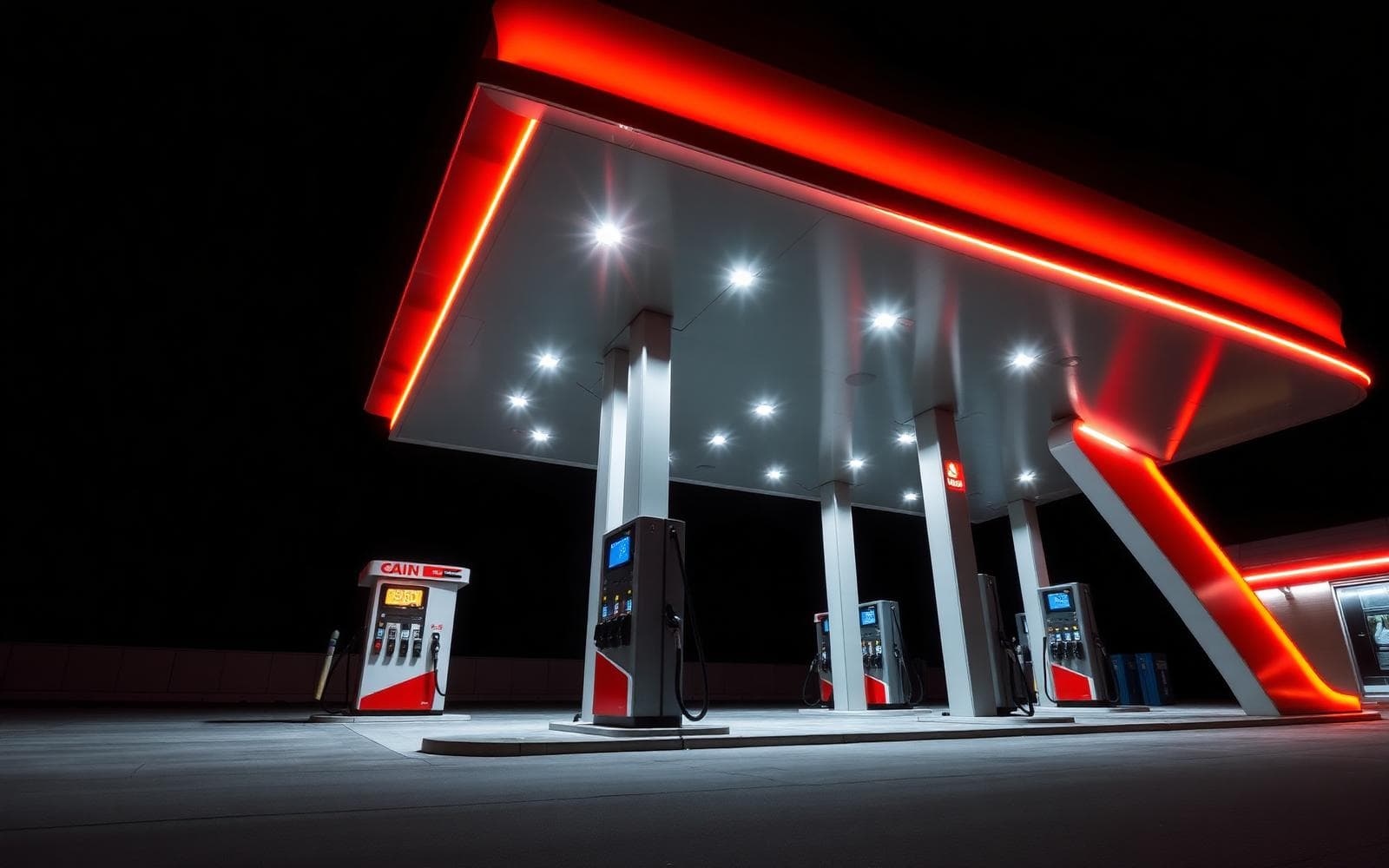 Modern fuel station at night
