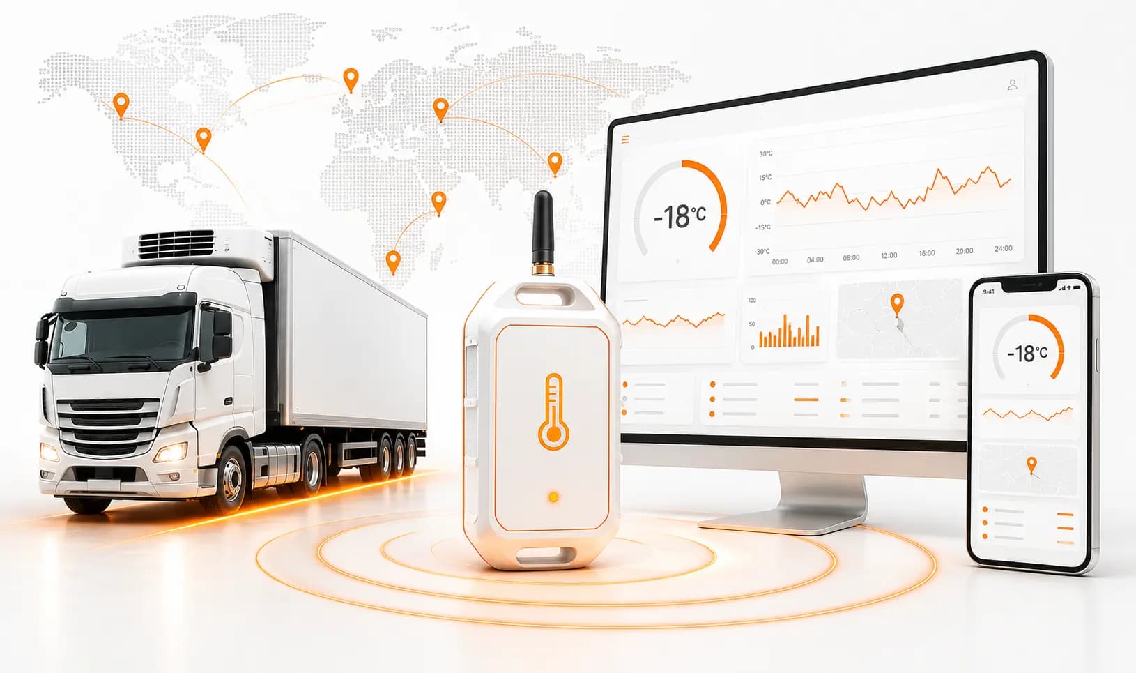 GPSCop temperature monitoring platform with truck, sensor, dashboard, and mobile app
