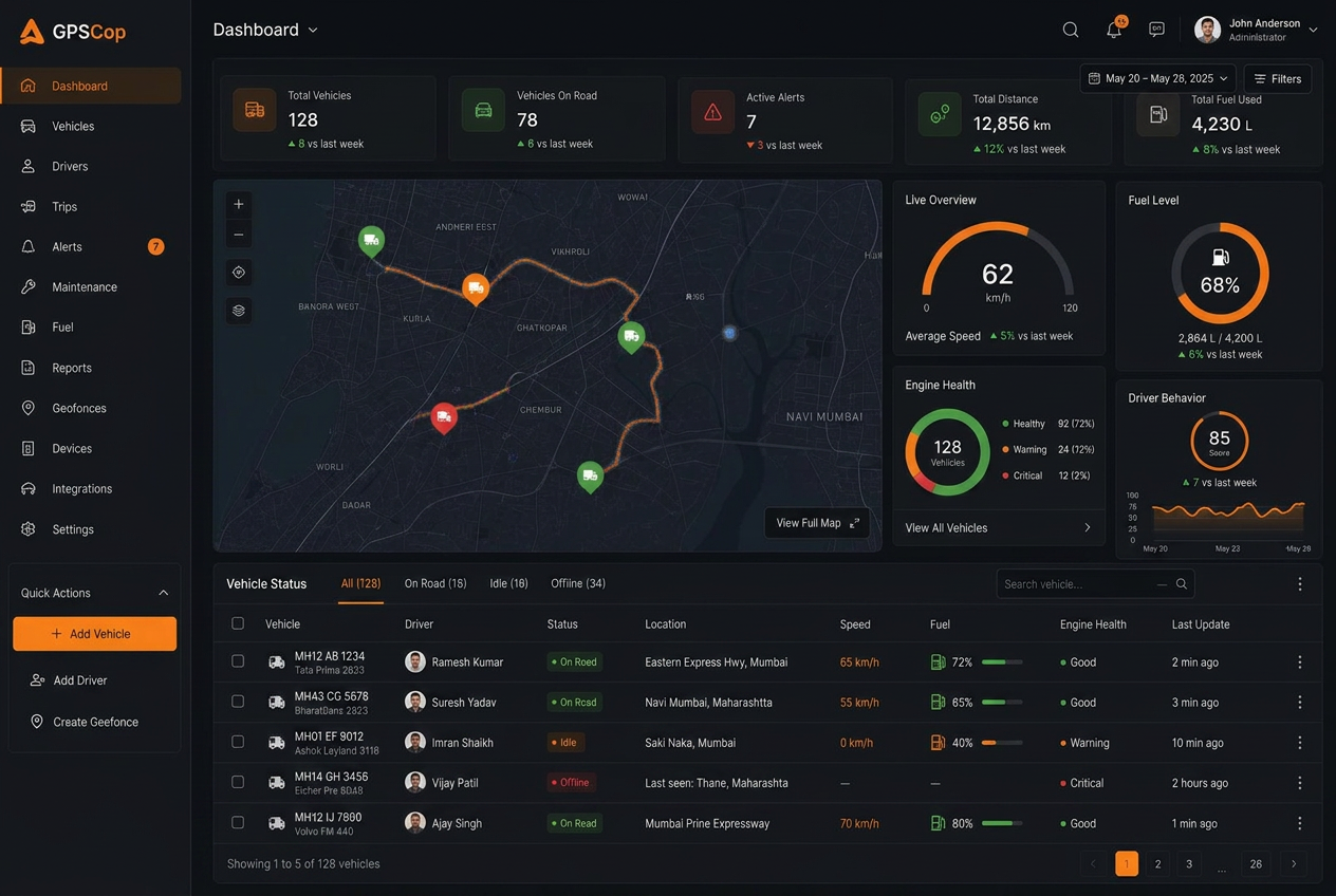 GPSCop fleet dashboard showing live vehicle map, engine health and fuel analytics - Dark Theme