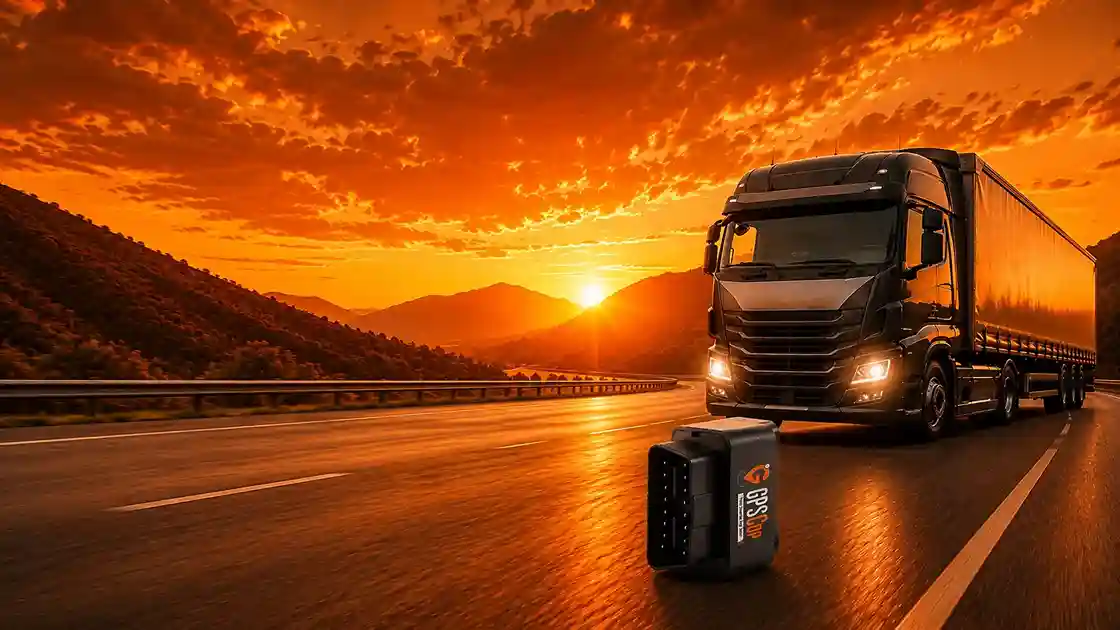 GPSCop CAN Bus OBD tracking device with a commercial truck on the highway at sunset