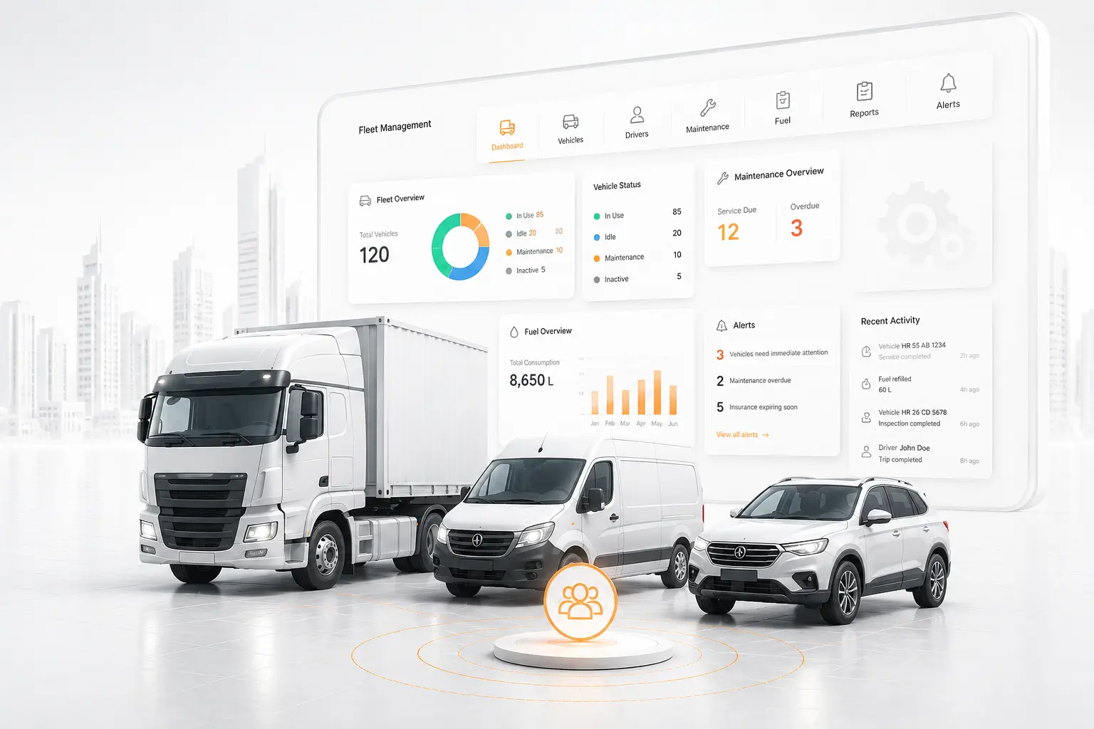 fleet management system with GPS tracking for commercial vehicles, fleet monitoring, maintenance, and operational analytics - Light Theme