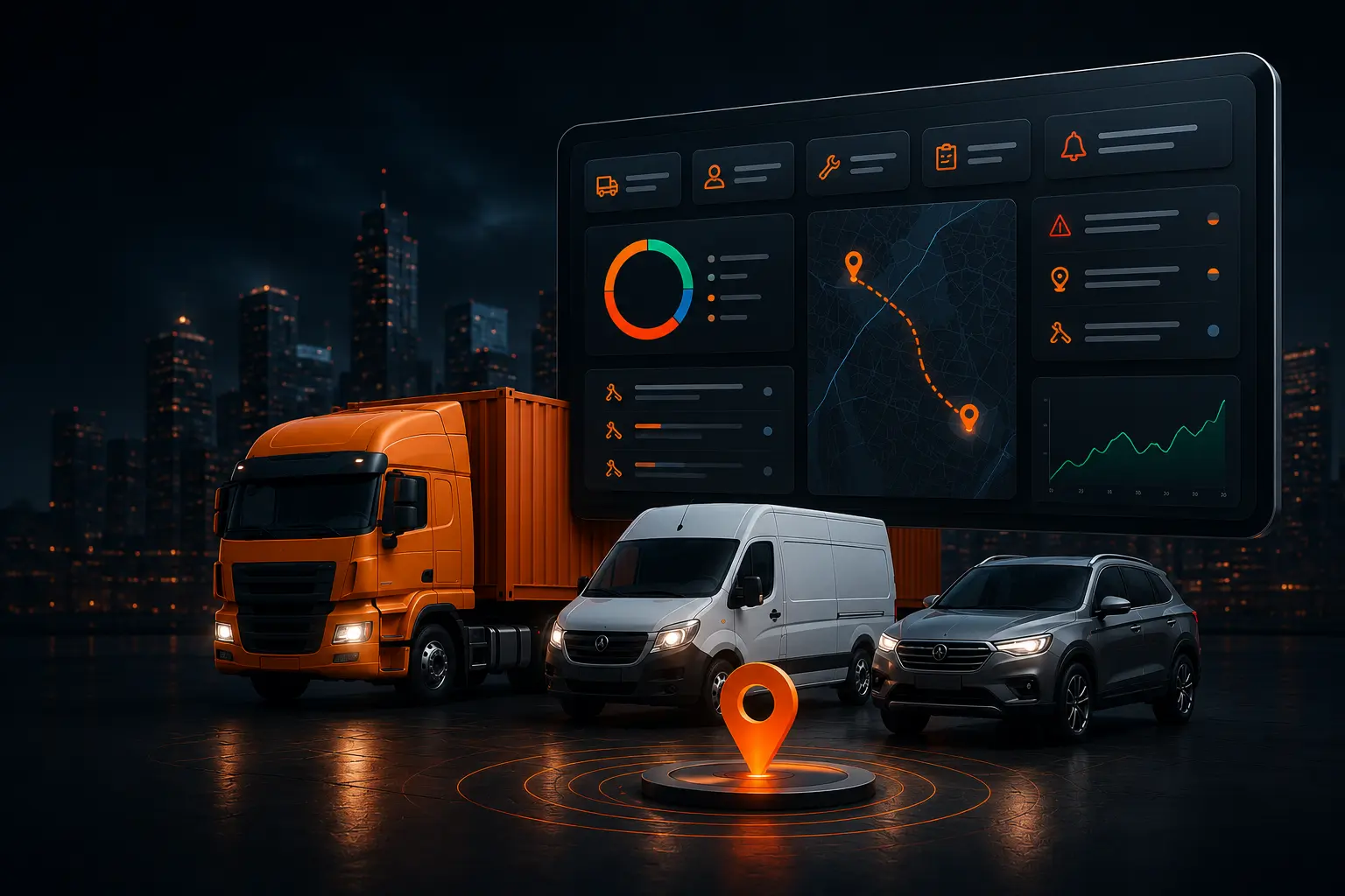 fleet management system with GPS tracking for commercial vehicles, fleet monitoring, maintenance, and operational analytics.