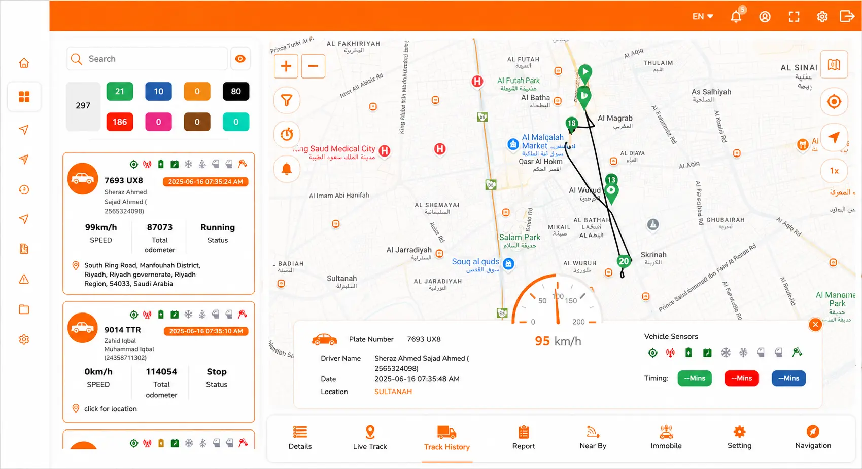 GPSCop waste management dashboard showing live vehicle tracking and fleet monitoring