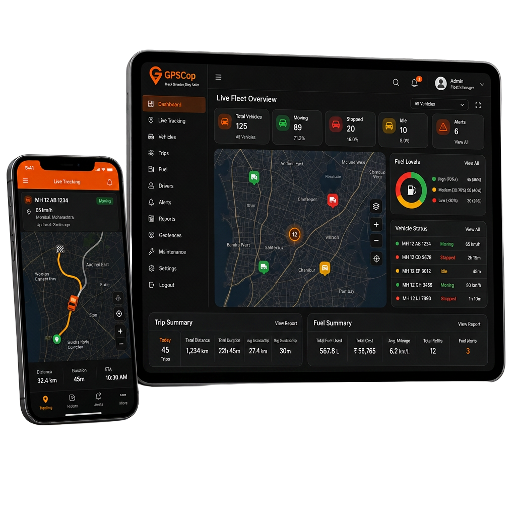 GPSCop fleet tracking dashboard and mobile app shown on floating devices