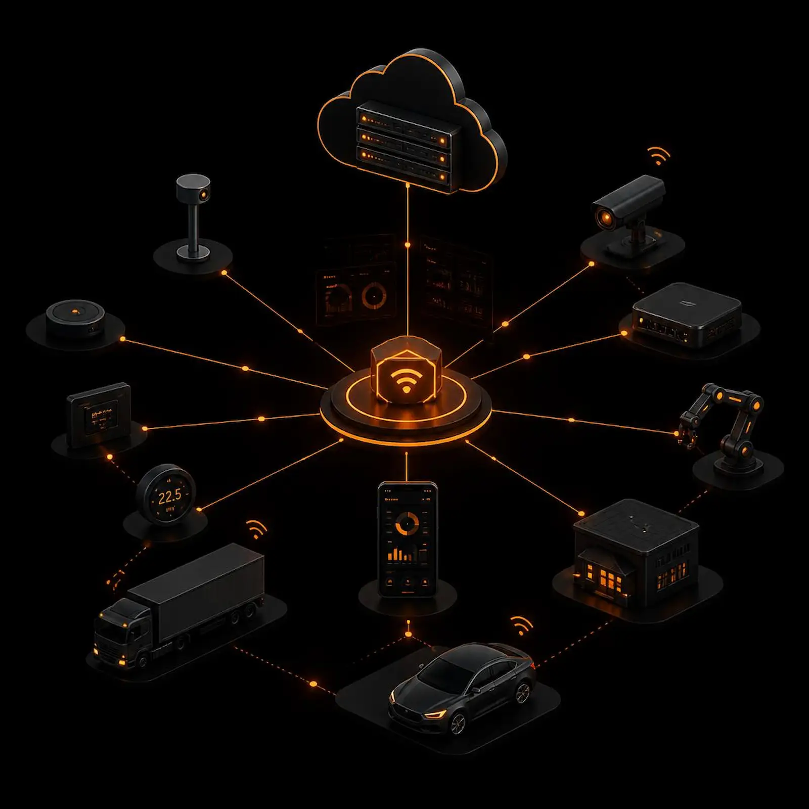 Connected IoT ecosystem linking vehicles, sensors and cloud services