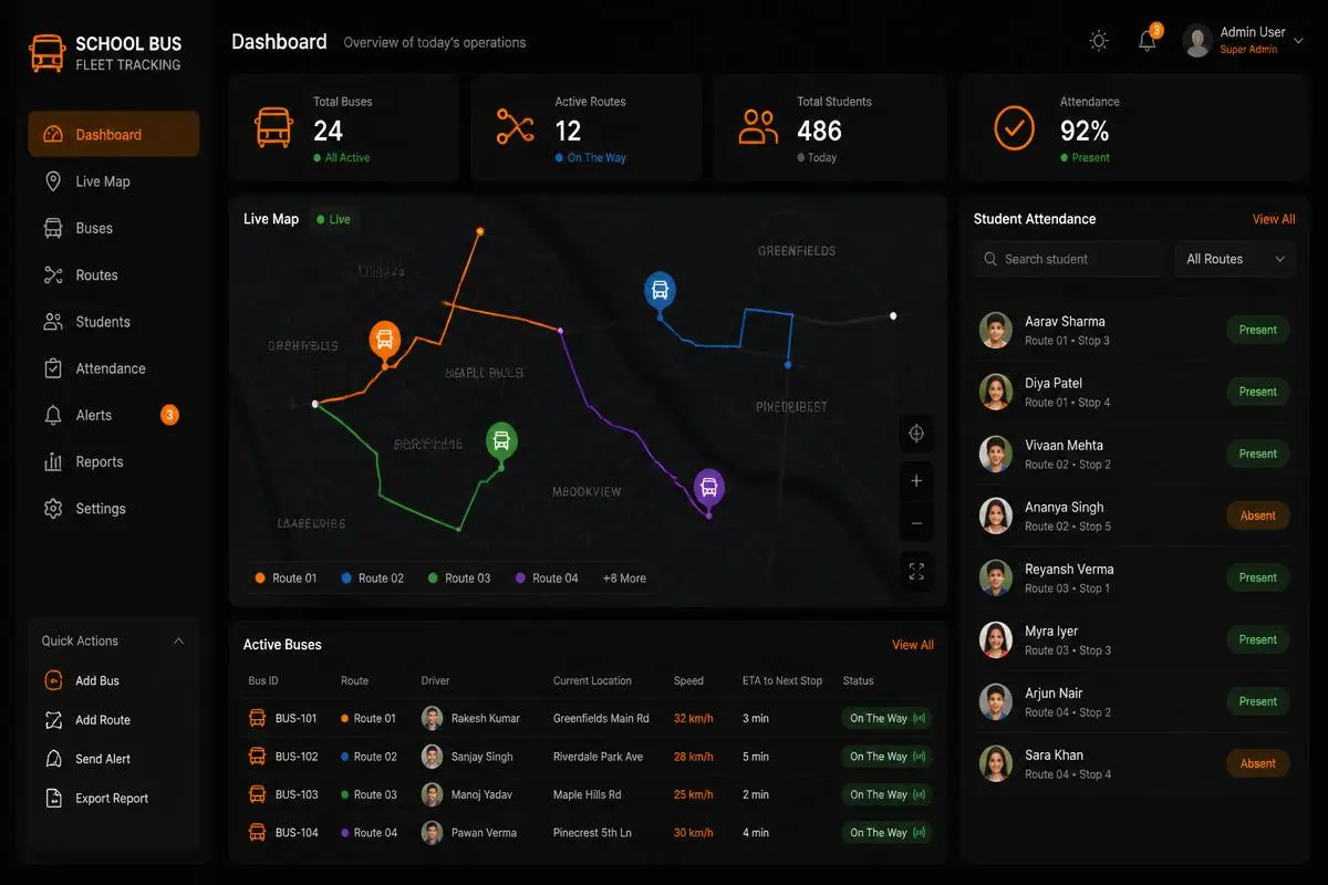 GPSCop dashboard showing live bus map