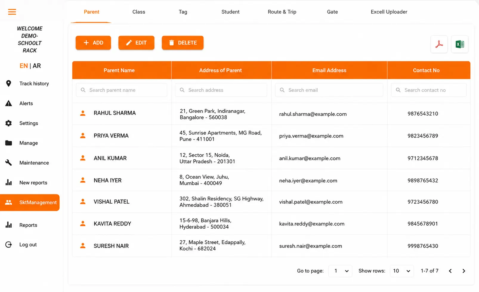 GPSCop application management screen listing parent records with add, edit and delete actions