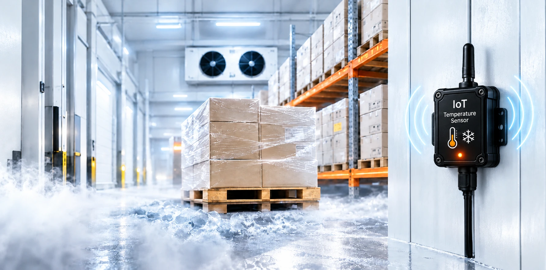 High-tech cold storage warehouse interior with temperature monitoring sensor hardware