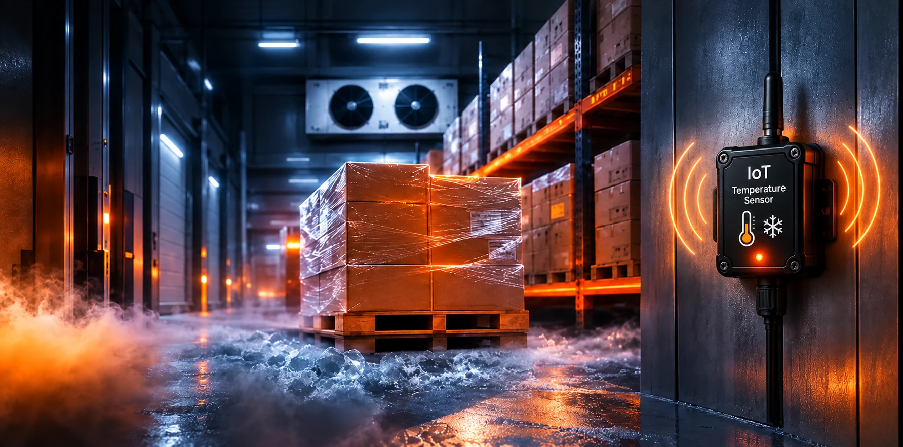 High-tech cold storage warehouse interior with temperature monitoring sensor hardware