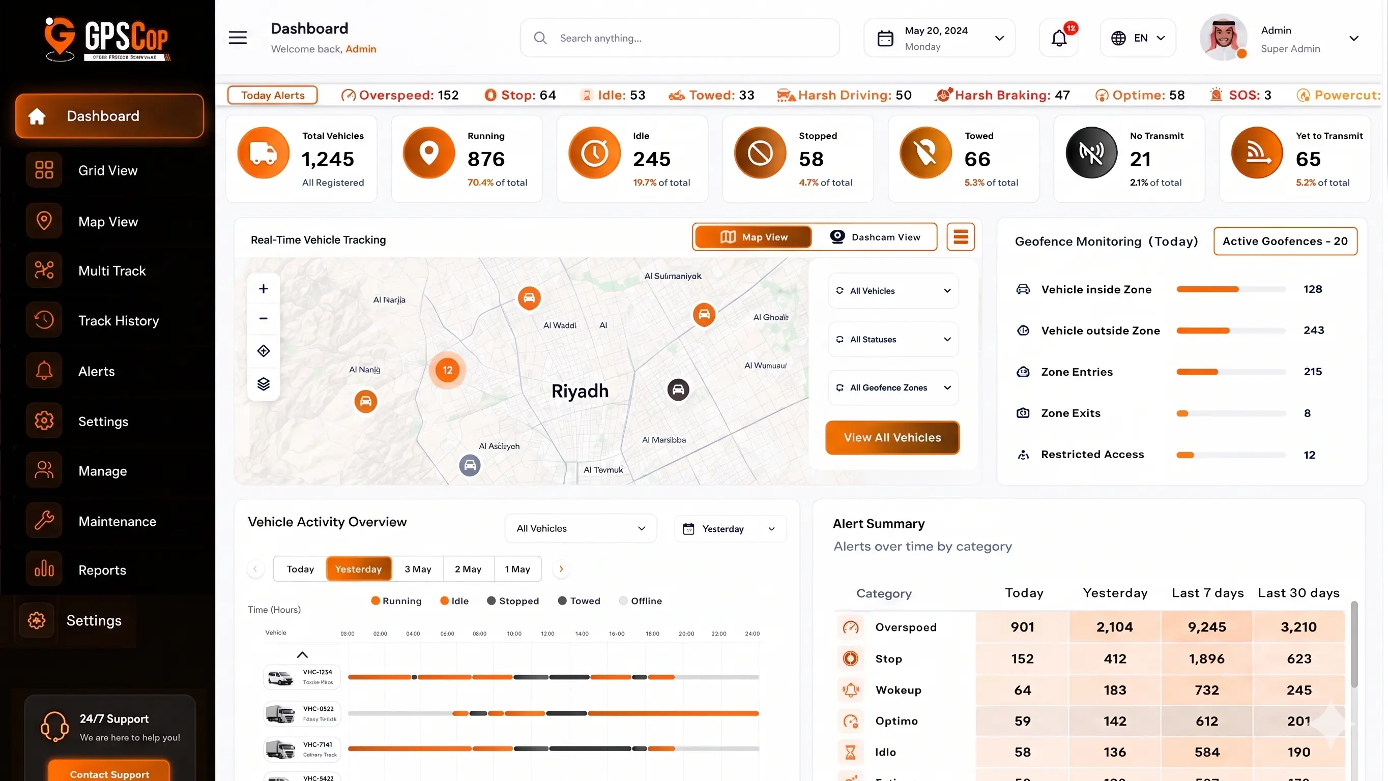 Vehicle tracking system dashboard with real-time GPS tracking, fleet monitoring, vehicle status, and live location tracking.