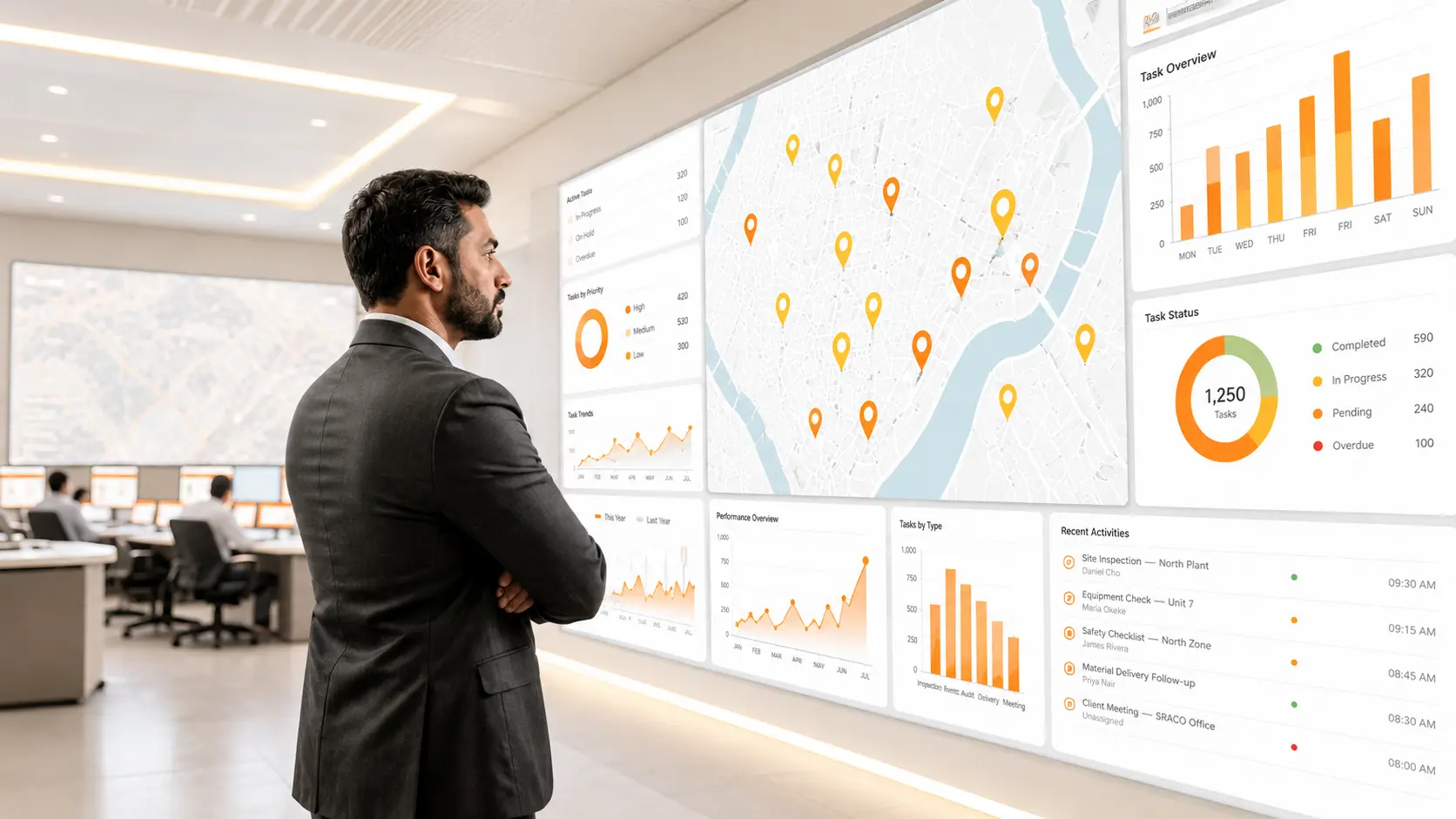 Operations manager monitoring workforce tracking dashboard