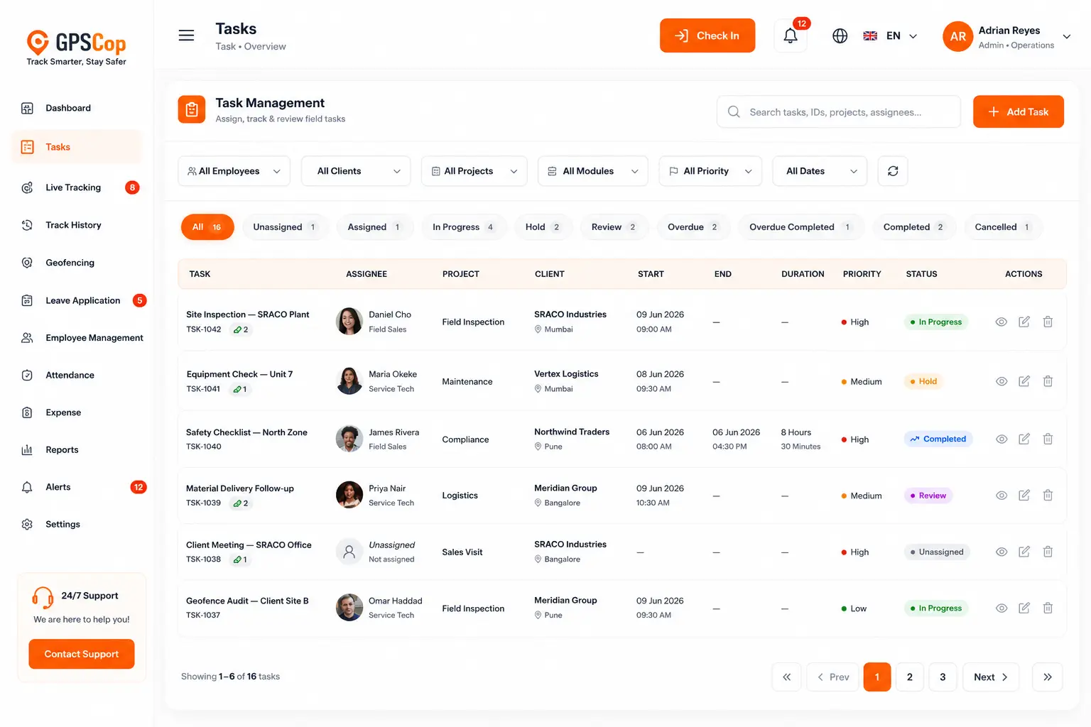 Task Pipeline — GPSCop workforce tracking interface