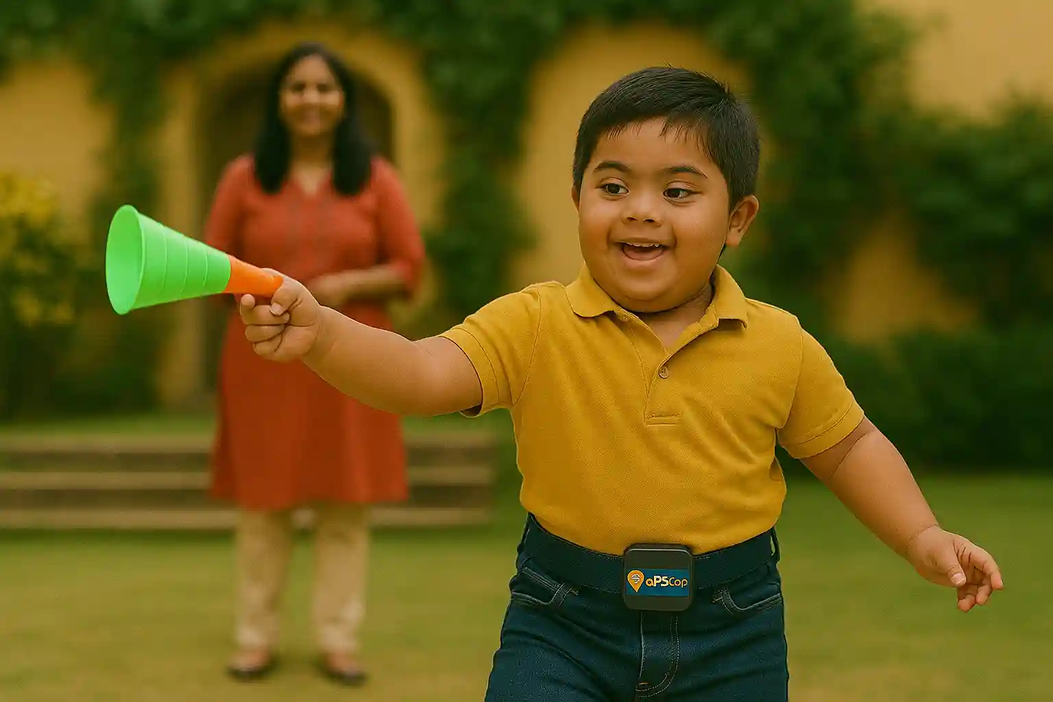 Child with autism wearing GPSCop tracker playing outdoors