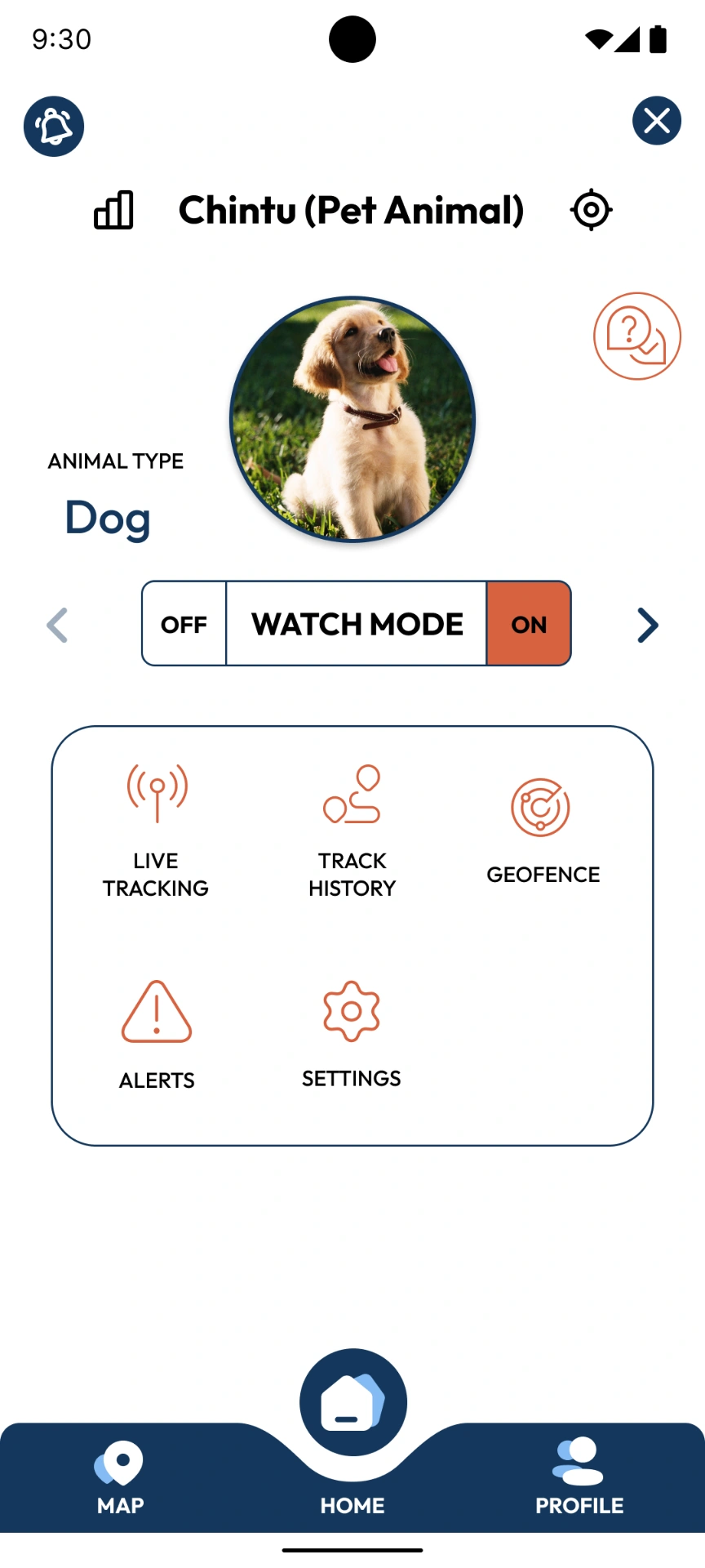 GPSCop mobile application showing pet tracking features