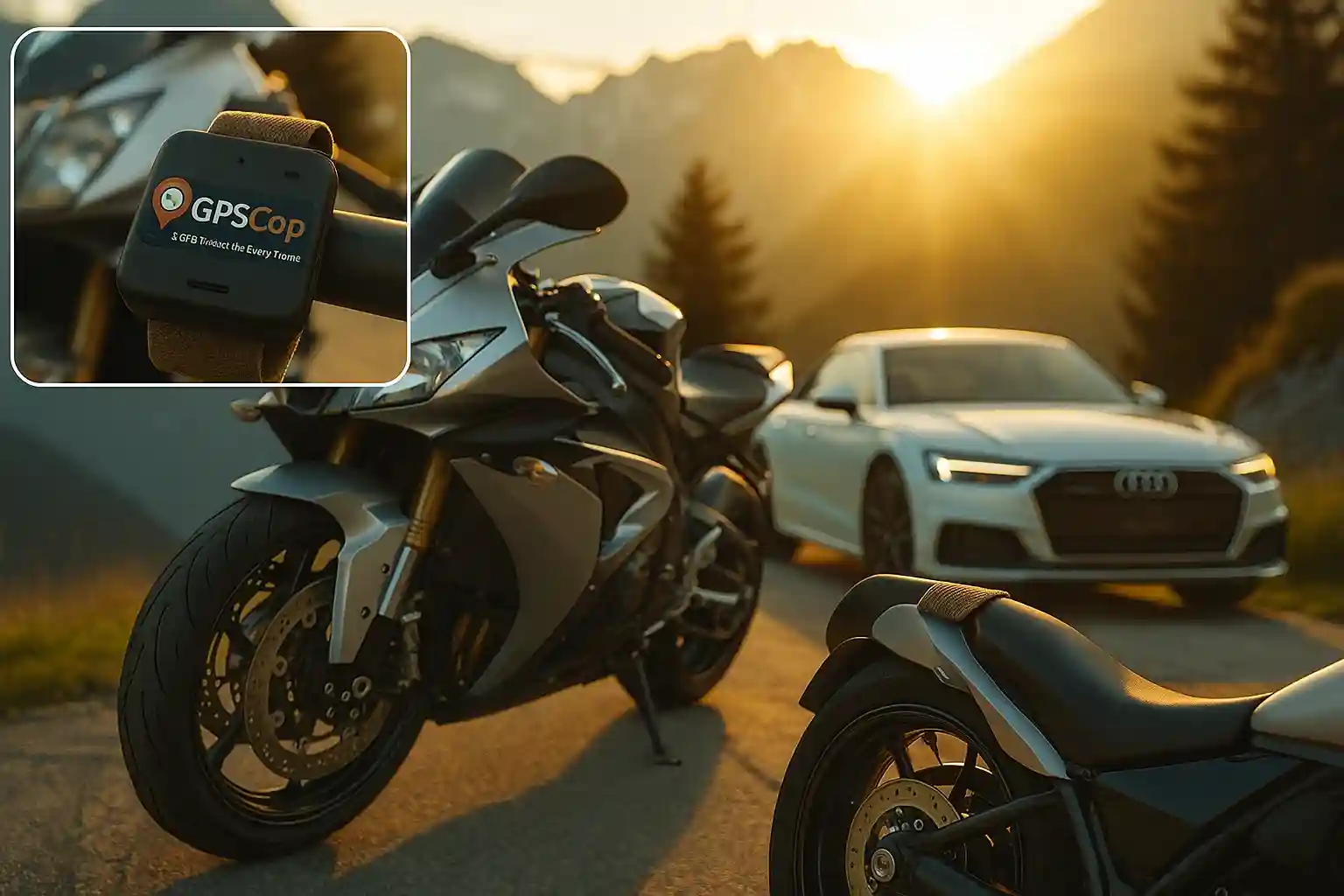 Motorcycles and car on a scenic road with GPSCop tracker overlay