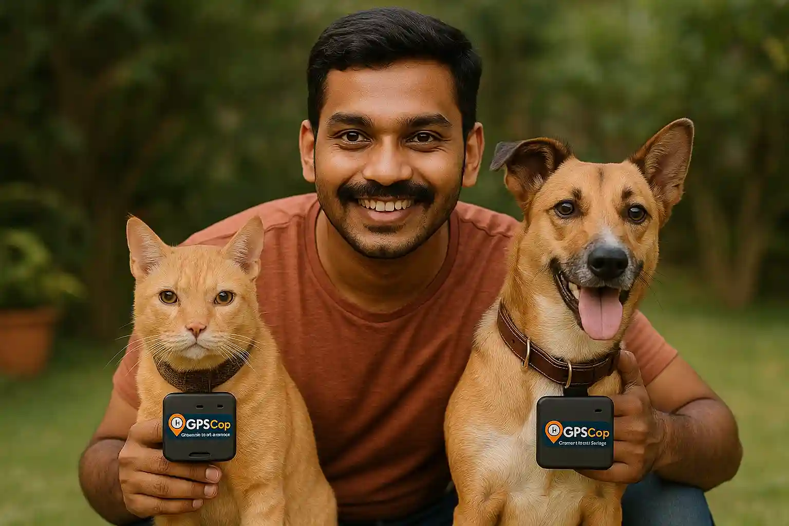 Person with an orange cat and dog wearing GPS trackers on their collars