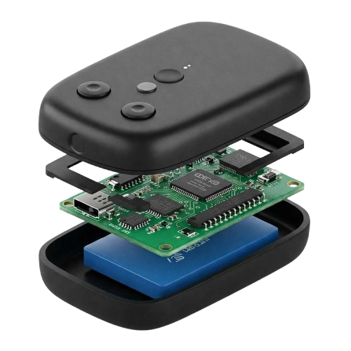 Exploded view of GPS tracker showing internal components