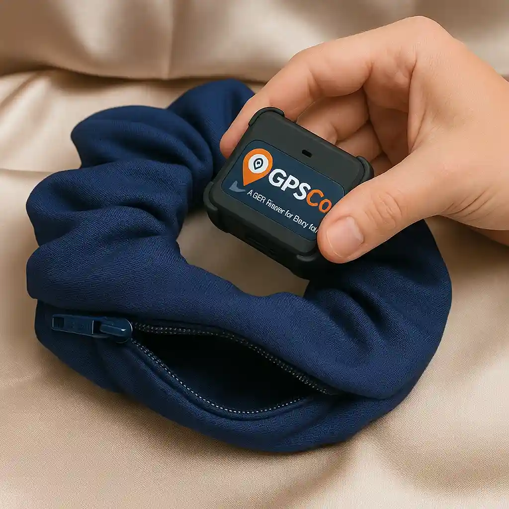 GPS tracker shown with a scrunchie