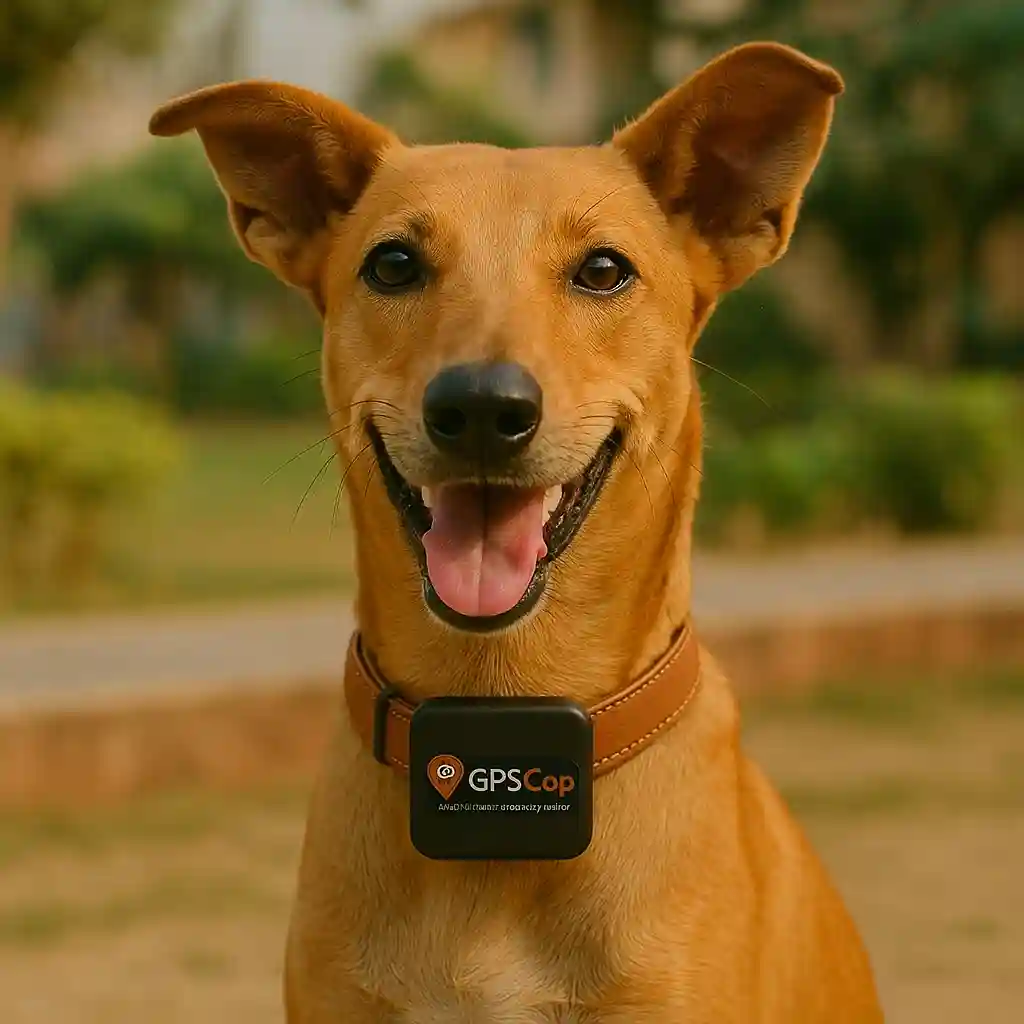 Dog wearing GPS tracker on collar